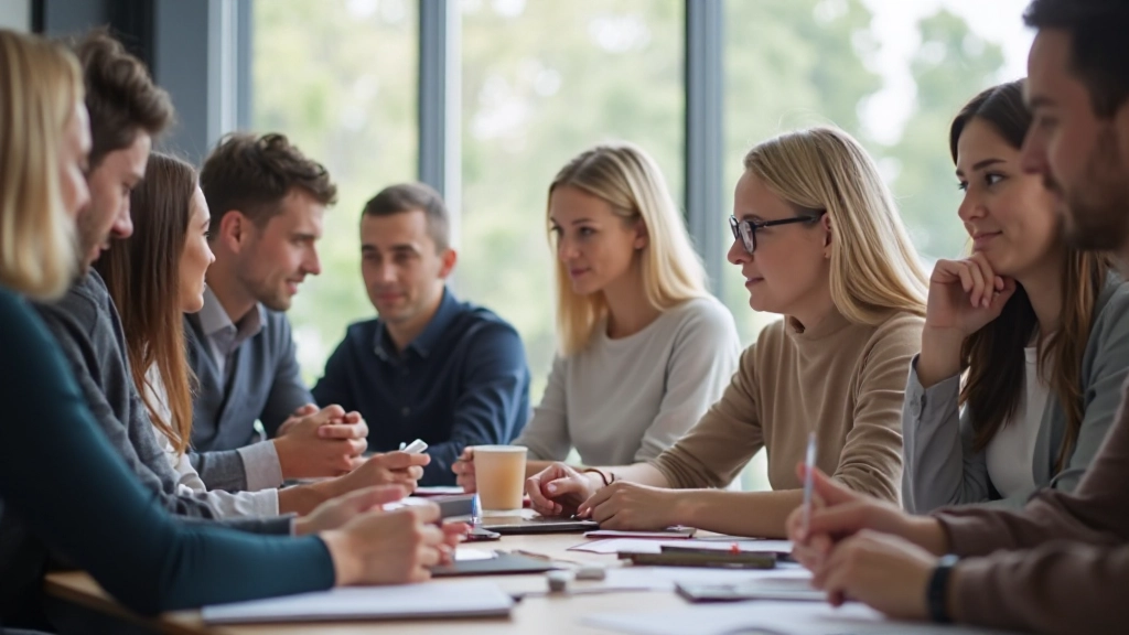 Diverse groep volwassenen die Nederlands studeren in een moderne onderwijsomgeving met interactieve whiteboard en positieve energie